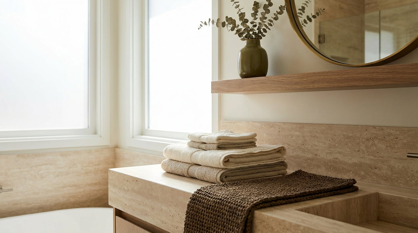Sanctuary bathroom with stone vanity and towels