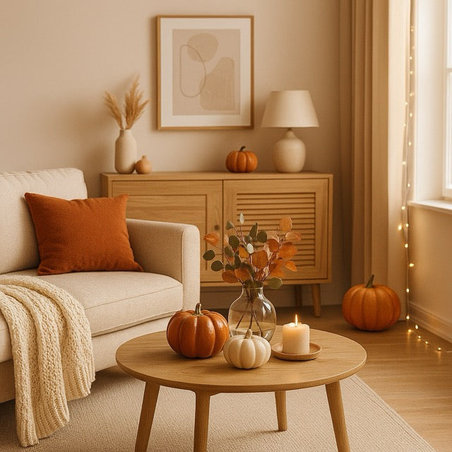 Cozy living room corner decorated with fall-themed accents, including pumpkins, autumn leaves in a vase, candles, and a knit throw on a beige sofa with warm wood furniture.