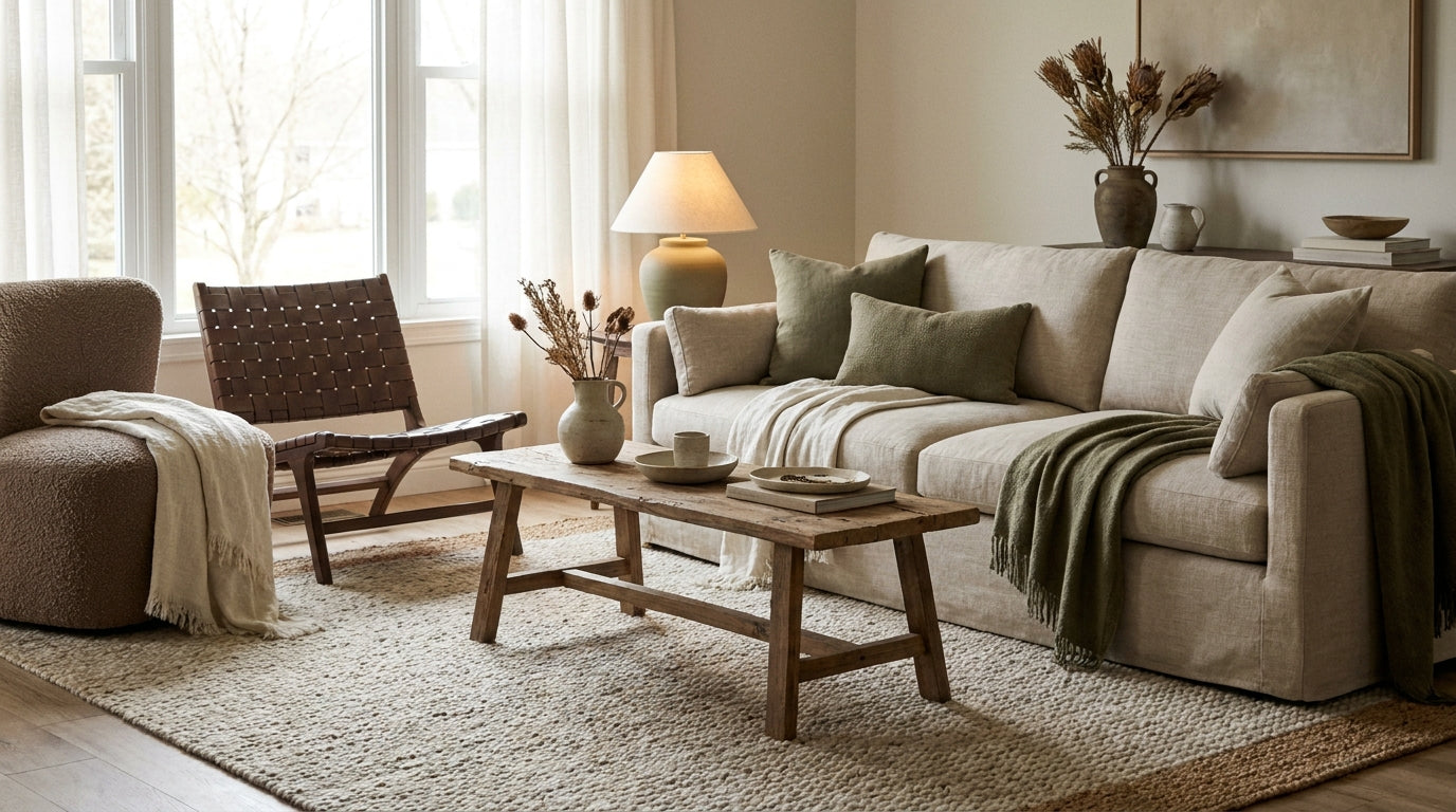 Living room with neutral sofa and area rug