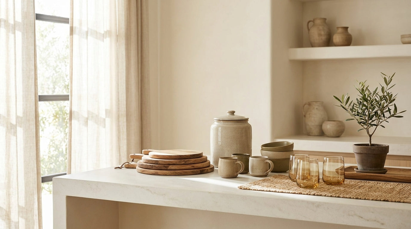 Kitchen counter with wood boards and ceramic canisters