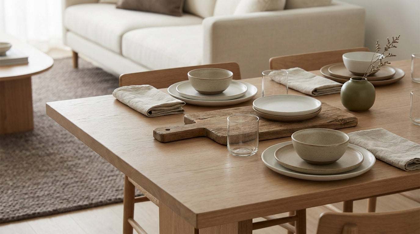 Stoneware dinnerware and wood serving boards