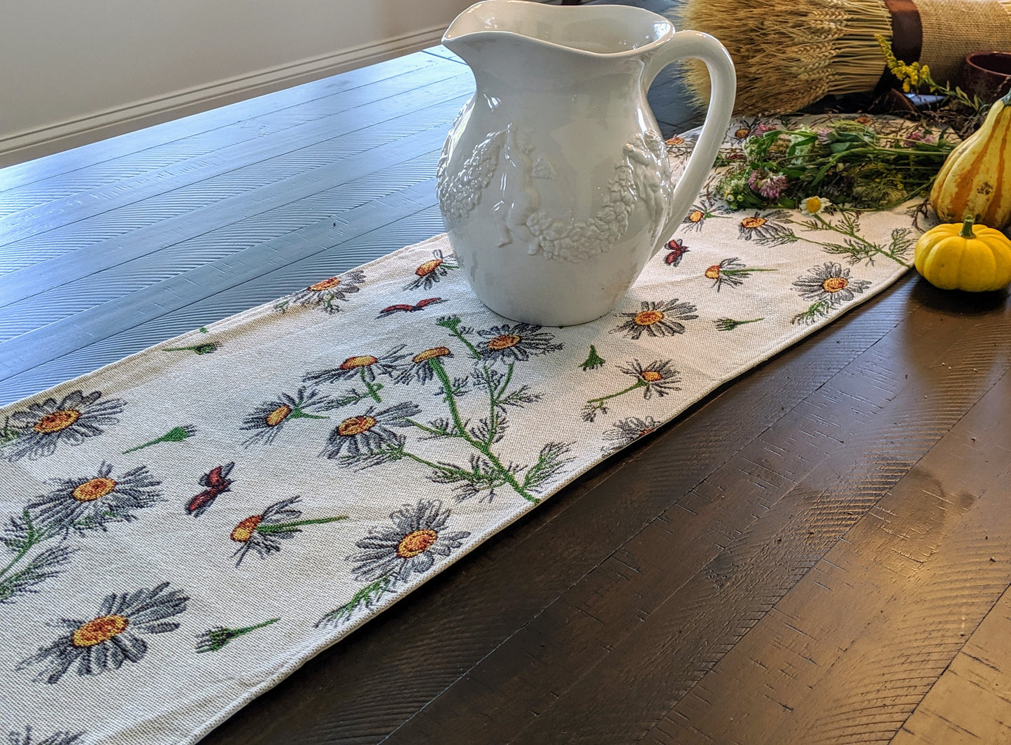 Tache Floral Yellow Daisies Ladybugs Ivory Woven Tapestry Table Runner (18114)