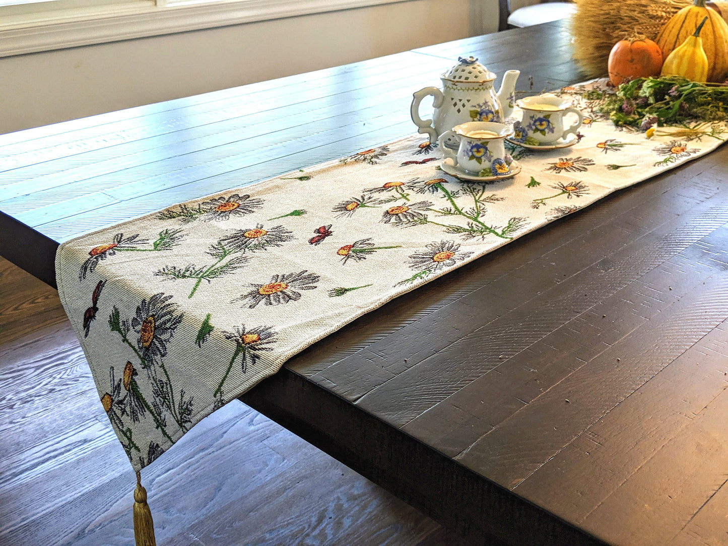 Tache Floral Yellow Daisies Ladybugs Ivory Woven Tapestry Table Runner (18114)