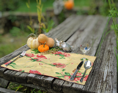 Tache Floral Red Roses Hummingbirds Golden Woven Tapestry Placemat Set (18115)