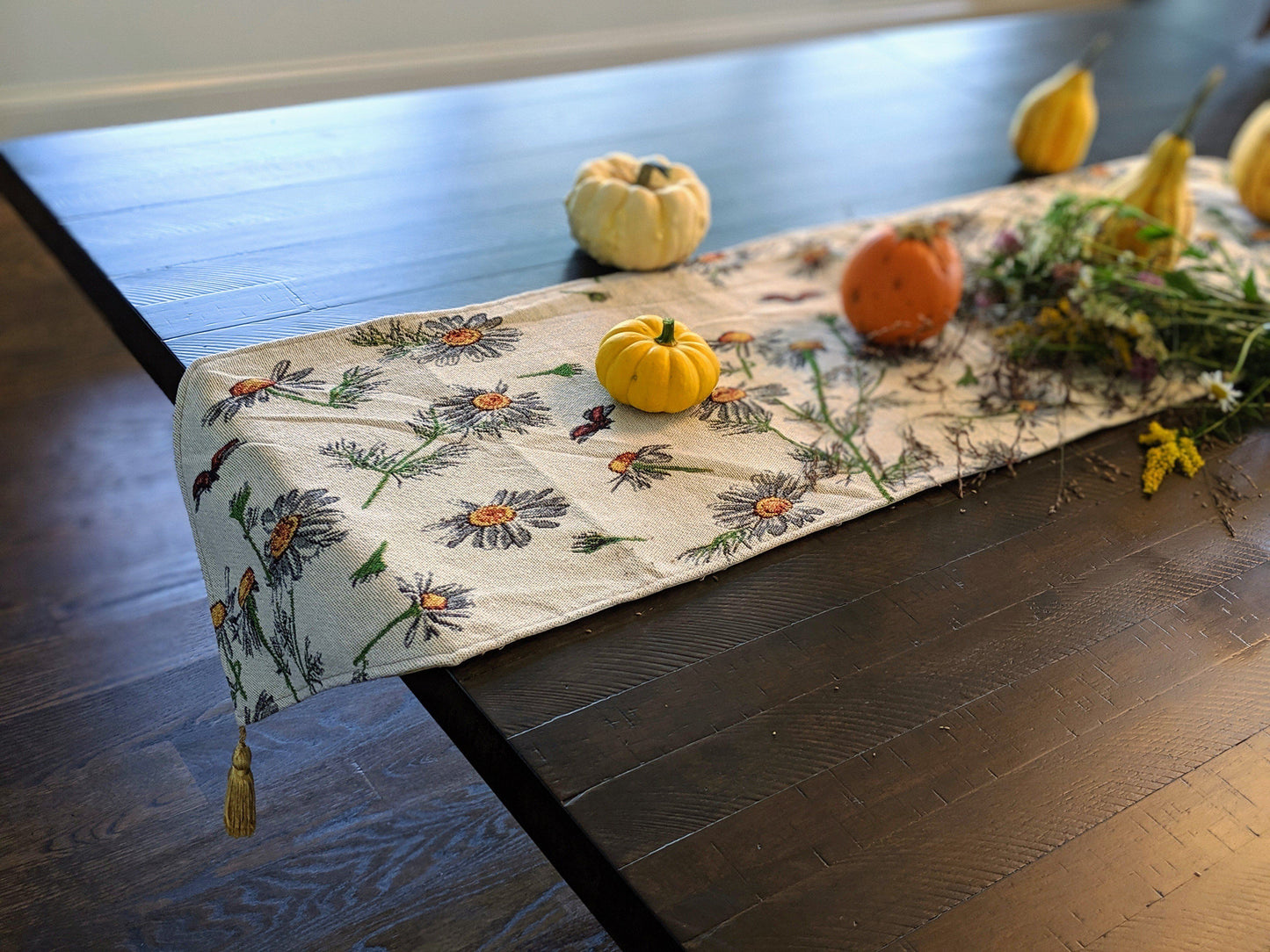 Tache Floral Yellow Daisies Ladybugs Ivory Woven Tapestry Table Runner (18114)