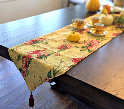 Tache Floral Red Roses Hummingbirds Golden Woven Tapestry Table Runner (18115)