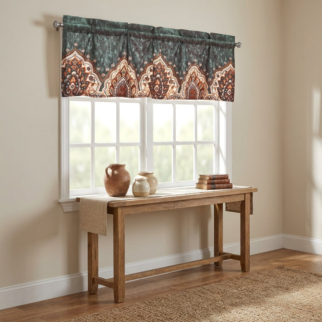 Tache Rustic Paisley Mandala Palace Floral Watercolor Orange Dark Teal Window Valance (KF174)