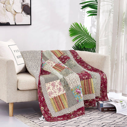 Tache Fairy Tale Tea Party Beige Burgundy Paisley Floral Cotton Patchwork Quilted Throw Blanket (DXJ103443)