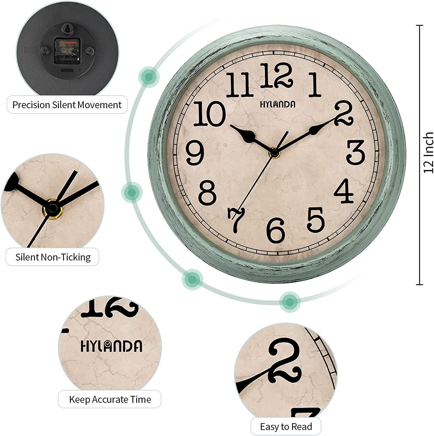 12 Inch Vintage/Retro Wall Clock, Silent Non-Ticking Decorative Wall Clocks Battery Operated with Large Numbers&Hd Glass Easy to Read for Kitchen/Living Room/Bathroom/Bedroom/Office
