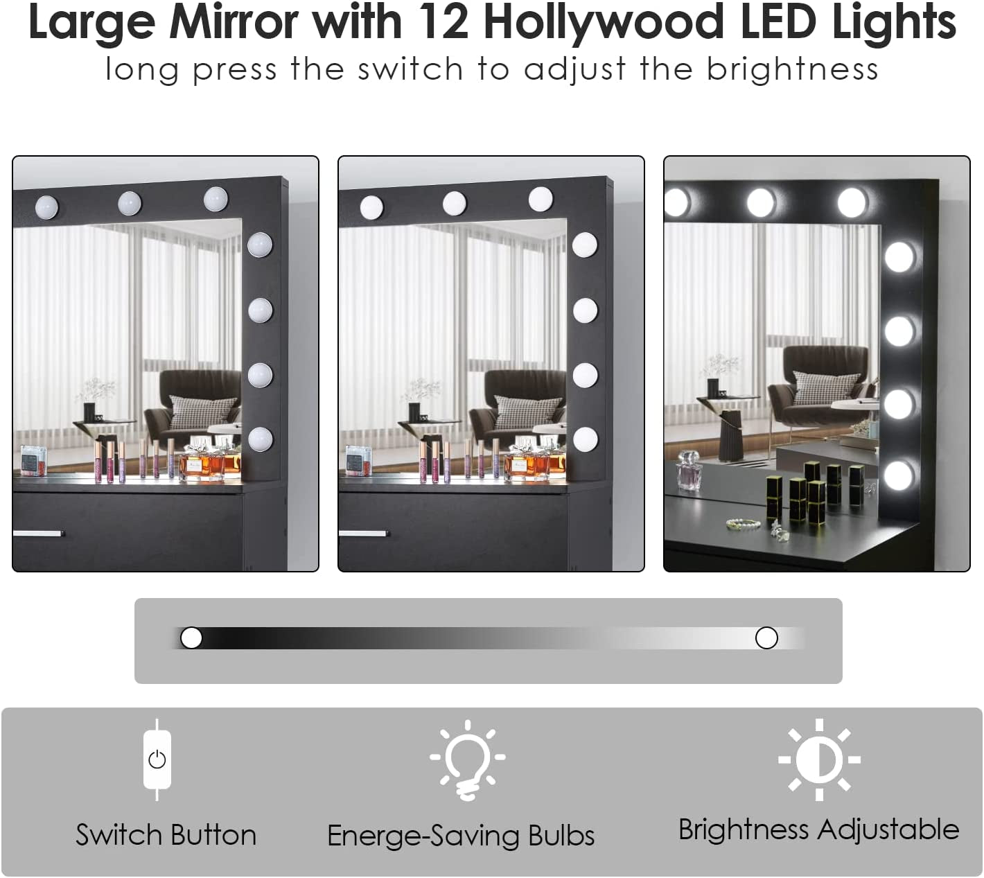 Titoni Black Makeup Vanity Desk Set with Mirror and LED Lights, 31.5” - Adjustable Brightness, Sturdy Wood Construction