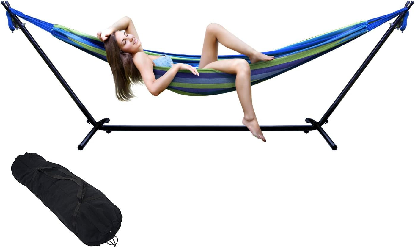 2-Person Stylish Hammock with Steel Stand- Premium Cotton Blend 60" Large Hammock Bed- Heavy Duty 450Lbs Portable Hammock W/Carrying Case - for Garden Yard Patio Outdoor Camping Gifts- Washable