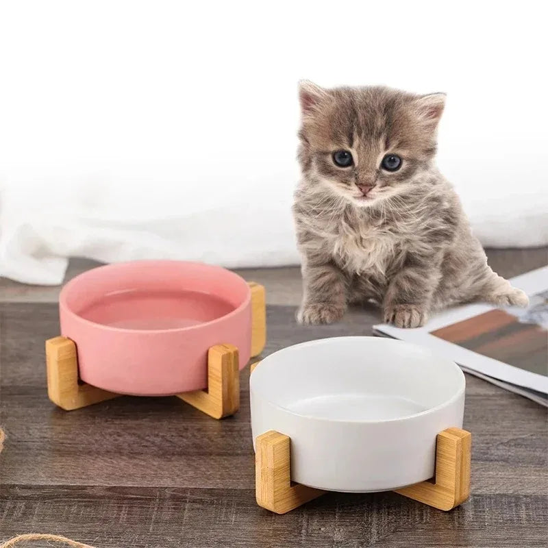 Ceramic Pet Bowl with Wooden Stand - Double Bowl Set for Dogs and Cats, Non-Spill Design, 400ml Each