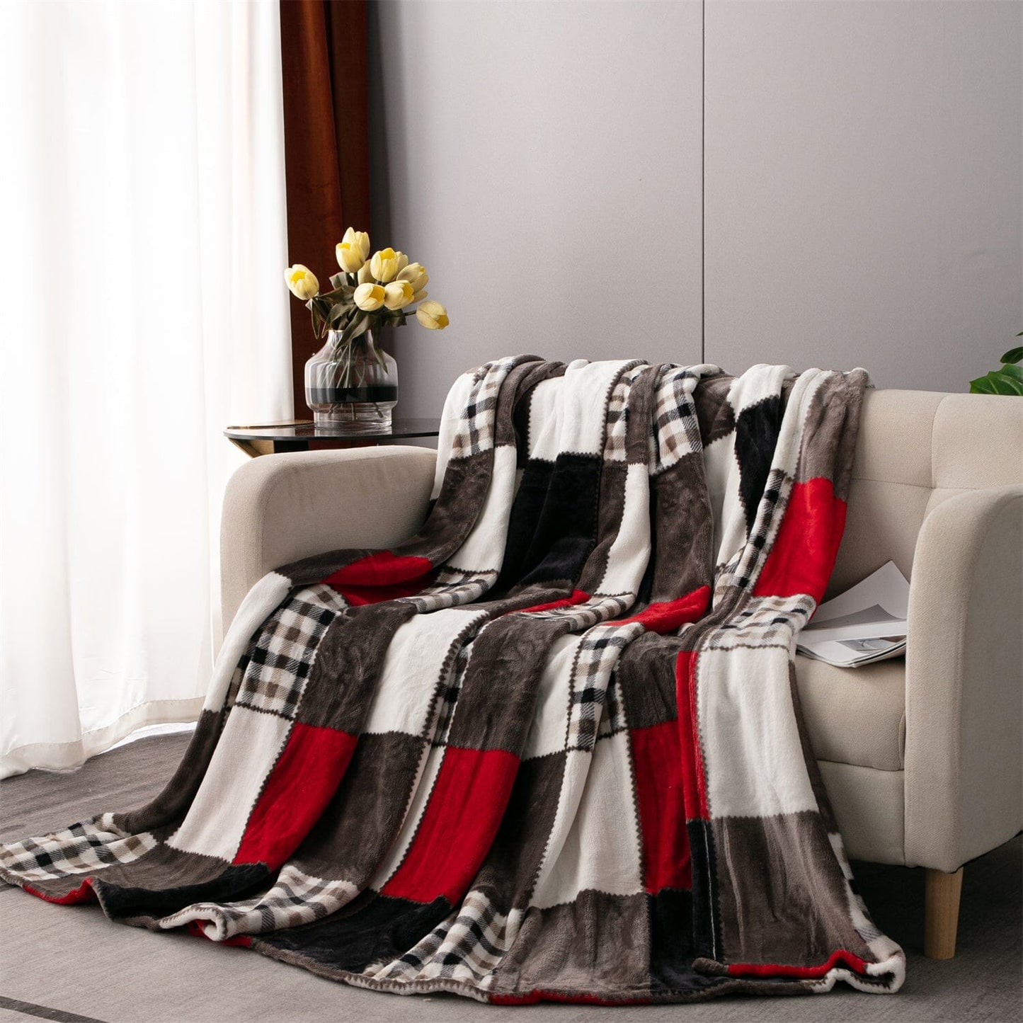Tache Brown Red Sunset Maple Farmhouse Plaid Patchwork Throw Blanket (4025)