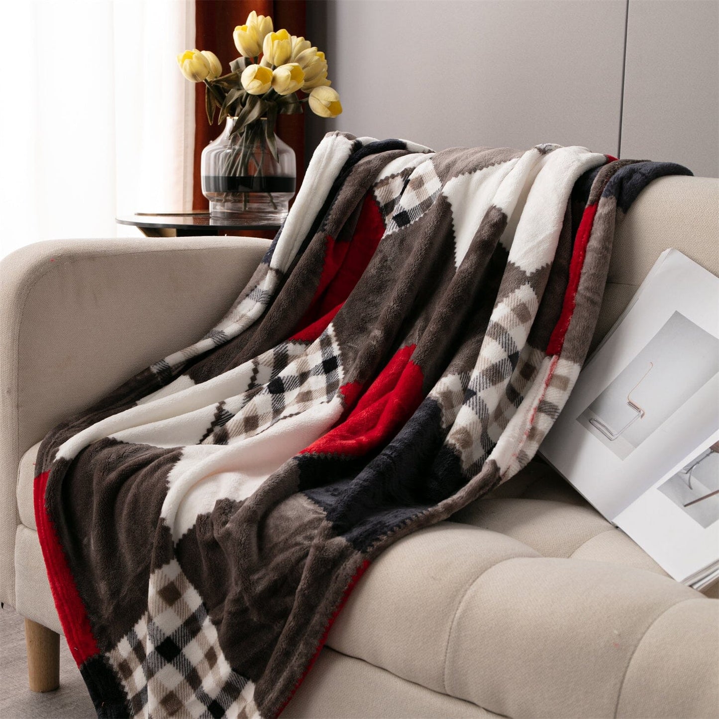 Tache Brown Red Sunset Maple Farmhouse Plaid Patchwork Throw Blanket (4025)