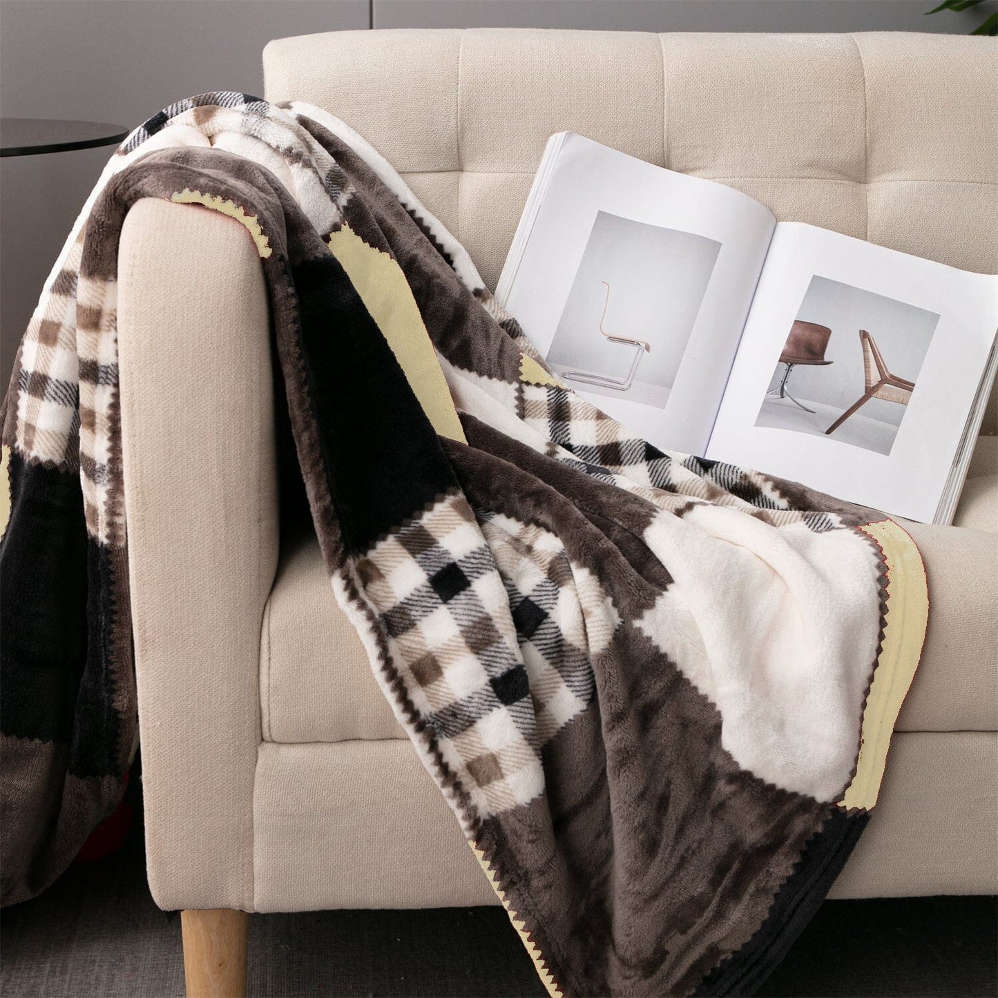 Tache Buttermilk Fall Yellow Brown Farmhouse Super Soft Plaid Patchwork Throw Blanket (4026)