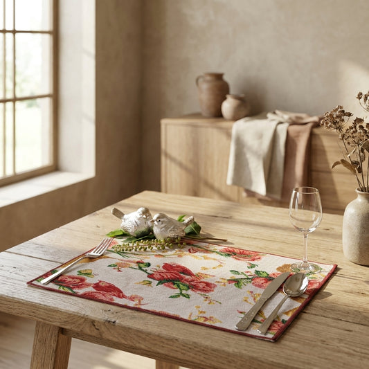 Floral Tapestry Placemat Set with Roses and Finches