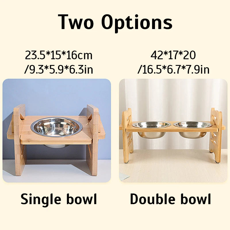 Adjustable Elevated Dog Bowls - Bamboo Stand with Tilted Stainless Steel Bowls for Small to Medium Dogs and Cats, 700ml