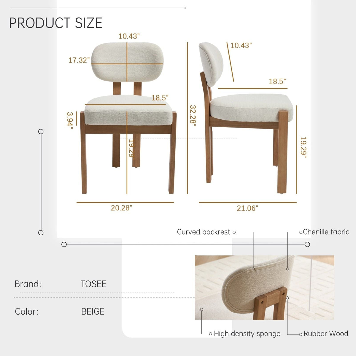 Dining Chairs with Ergonomic Backrest and Adjustable Feet - Set of 2