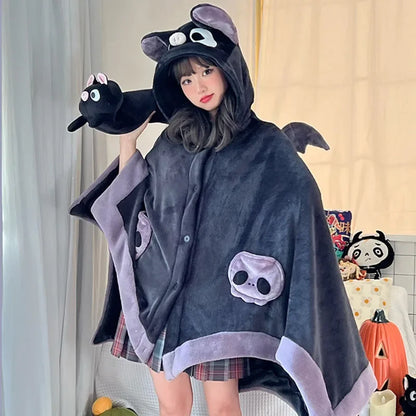 Kawaii Cartoon Bat Y2K Blanket Plush Pajamas Anime Cloak, Hooded Cape Costume for Adults, Winter Ponchos, Halloween Wearable Cloak