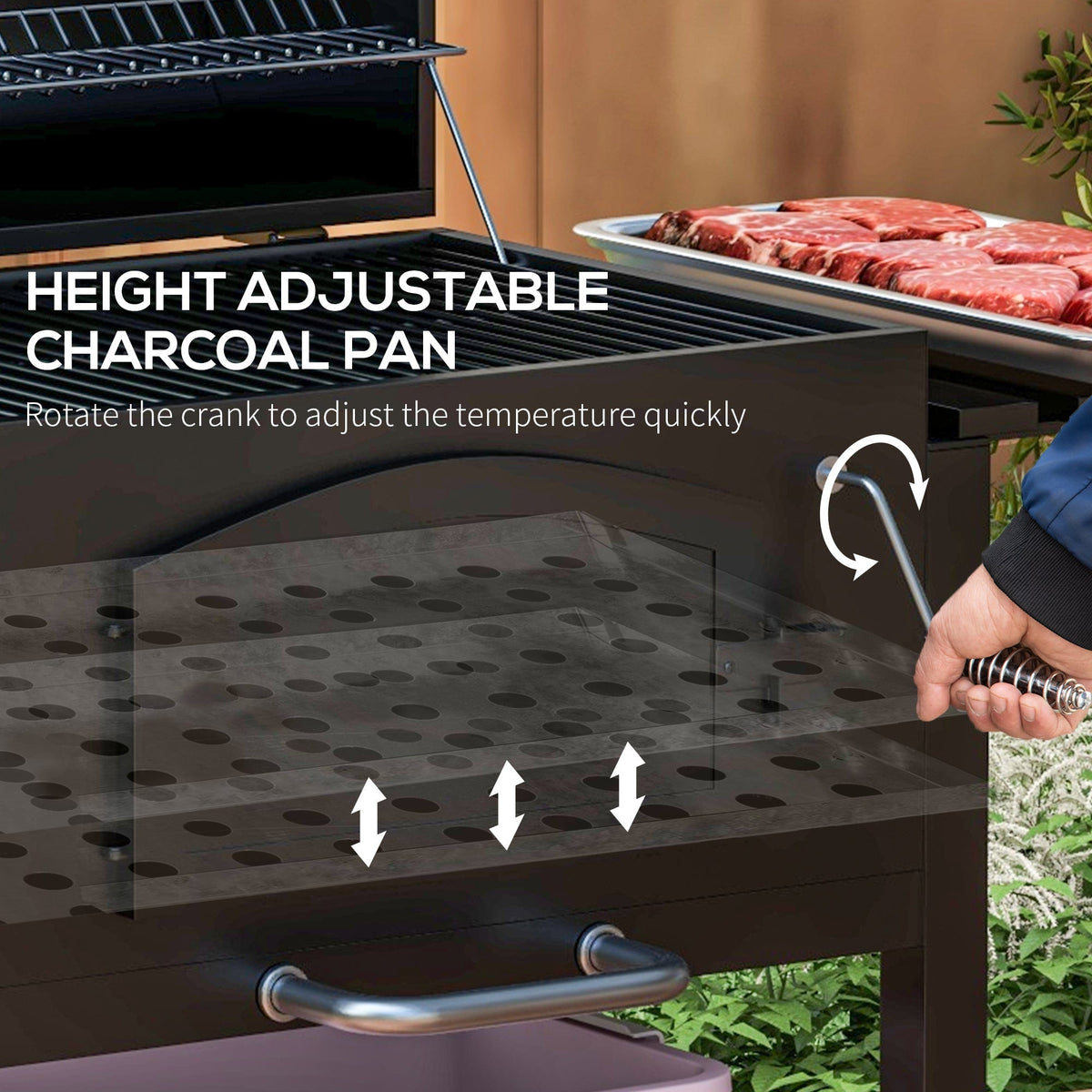 Charcoal Grill with Adjustable Height and Folding Shelves - Black Steel