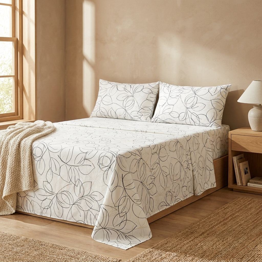 Tache Modern Abstract Leaf Line Art Foliage White Grey Black Gold Fitted Sheet / Flat Sheet (TJ3571)