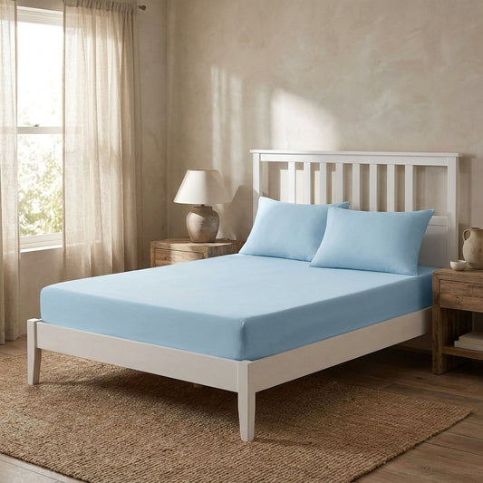 Cotton Light Sky Blue Fitted Sheet and Pillowcase Set