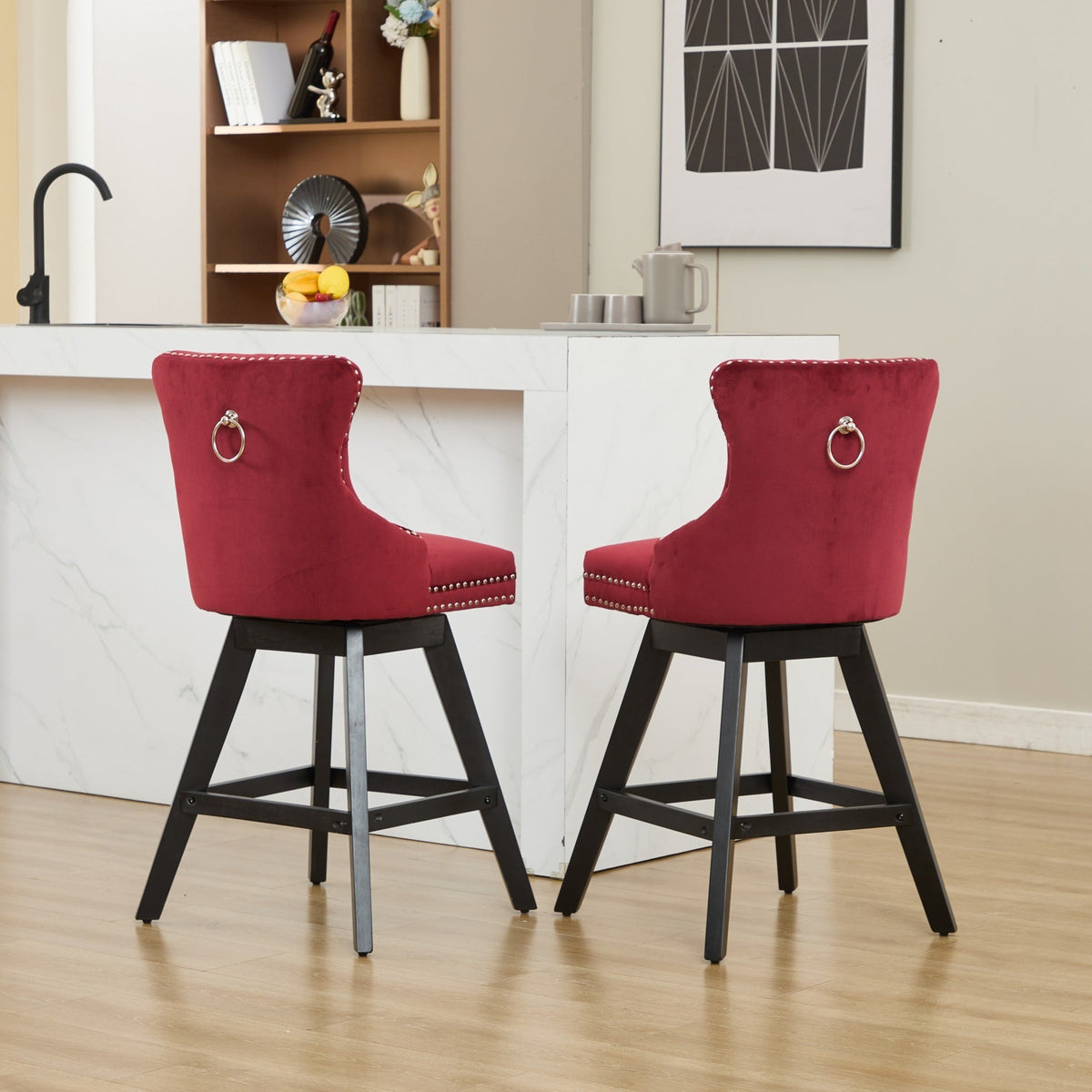 Swivel Velvet Barstools with Button Tufted Decoration - Set of 2 with 360° Swivel - Wine Red