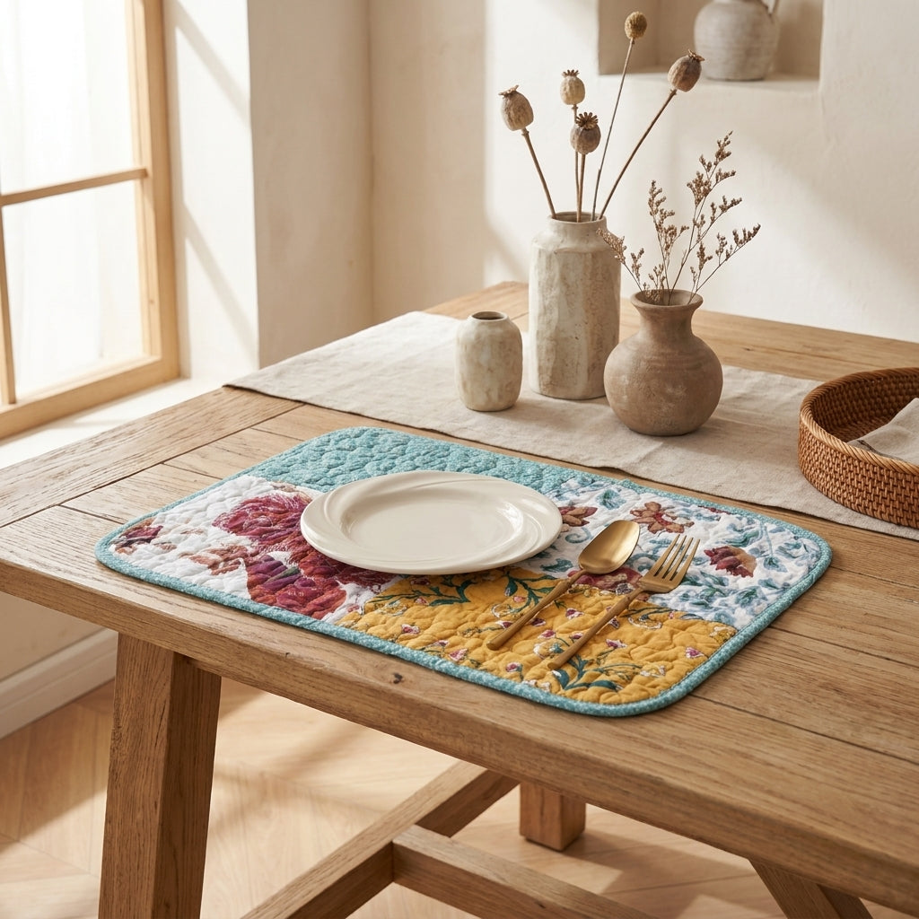 Tache Old World Garden Pastel Blue Yellow Red Hummingbirds Cotton Patchwork Placemats (JHW-936)