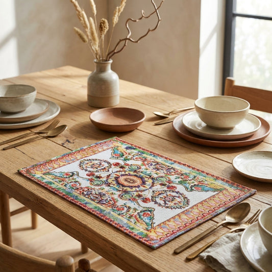 Tache Elegant Coral Colorful Ornate Paisley Woven Tapestry Placemat Set (18193)