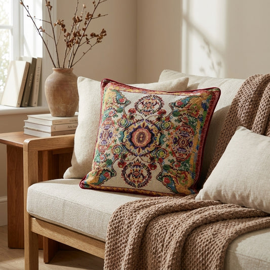 Tache Elegant Ivory Colorful Ornate Paisley Woven Tapestry Throw Pillow Cover (18193)