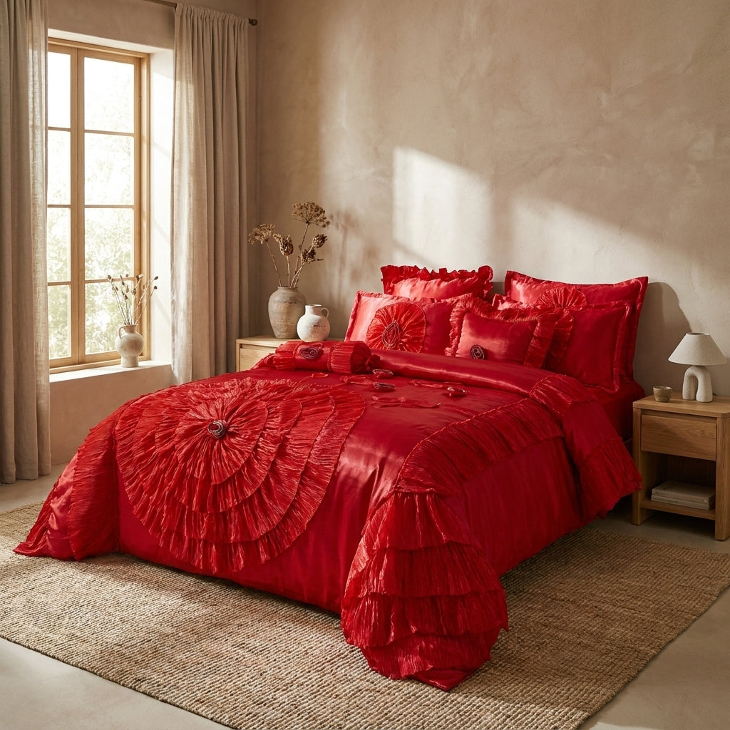 Tache Satin Ruffle Victorian Glam Romantic Red Rose Comforter Set (HY4174)