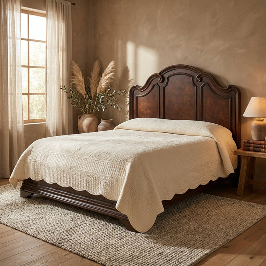 Cream Micro Fleece Scalloped Quilted Bedspread Set