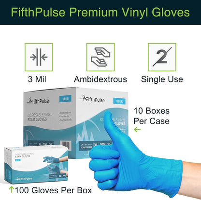 Blue Vinyl Disposable Gloves 100 Pack - Powder-Free, Latex-Free Medical Exam Gloves, Small