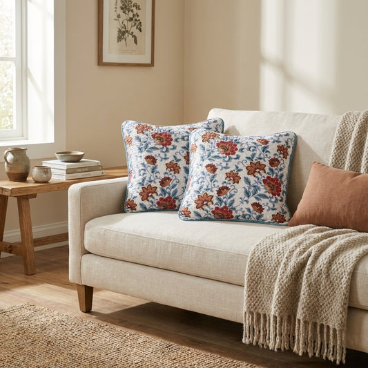 Tache Cotton Floral Jacobean Blue White Old World Garden Cushion Covers 2-Pieces (JHW-936)