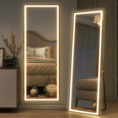 LED Full-Length Mirror 63”x16” - Large Rectangle Standing Mirror with 3-Color Dimmable Lighting, Stepless Dimming, White Frame