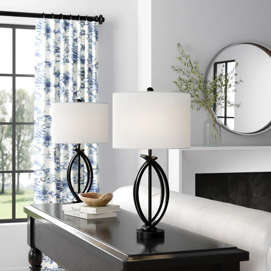 Burholme 2-Piece Modern Black Metal Table Lamp Set with White Linen Drum Shades – Stylish Bedroom & Living Room Lighting, UL Listed, 26-Inch Height, E26 Socket
