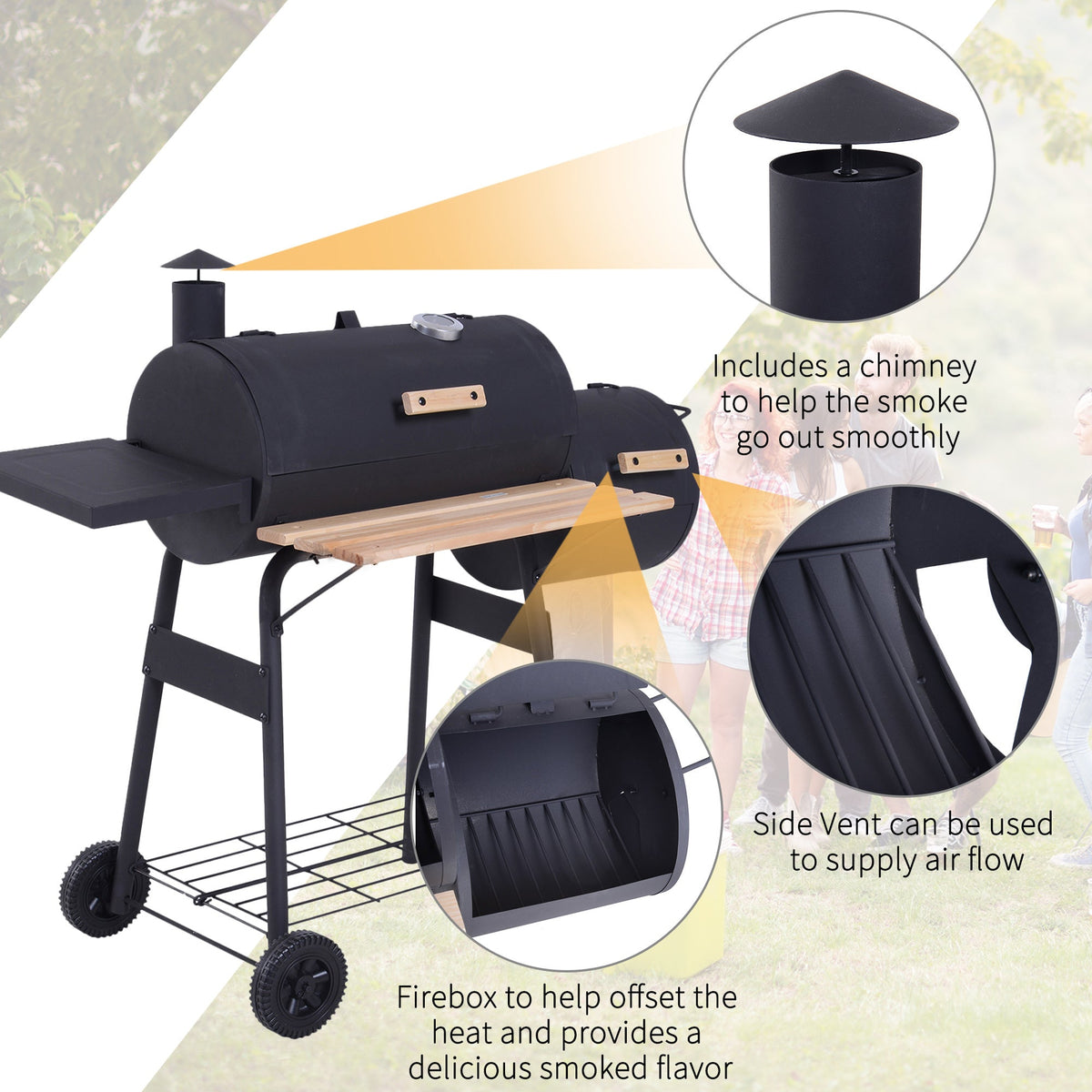 48" Steel Charcoal BBQ Grill and Offset Smoker Combo - Black