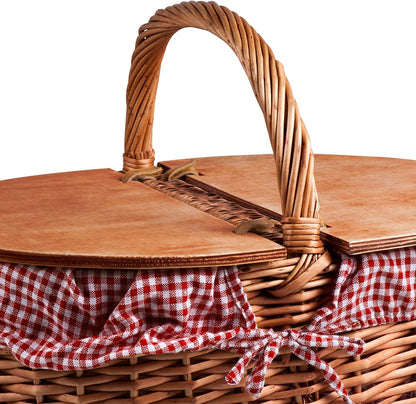 - Country Vintage Picnic Basket with Lid - Wicker Picnic Basket for 2, (Red & White Gingham Pattern)