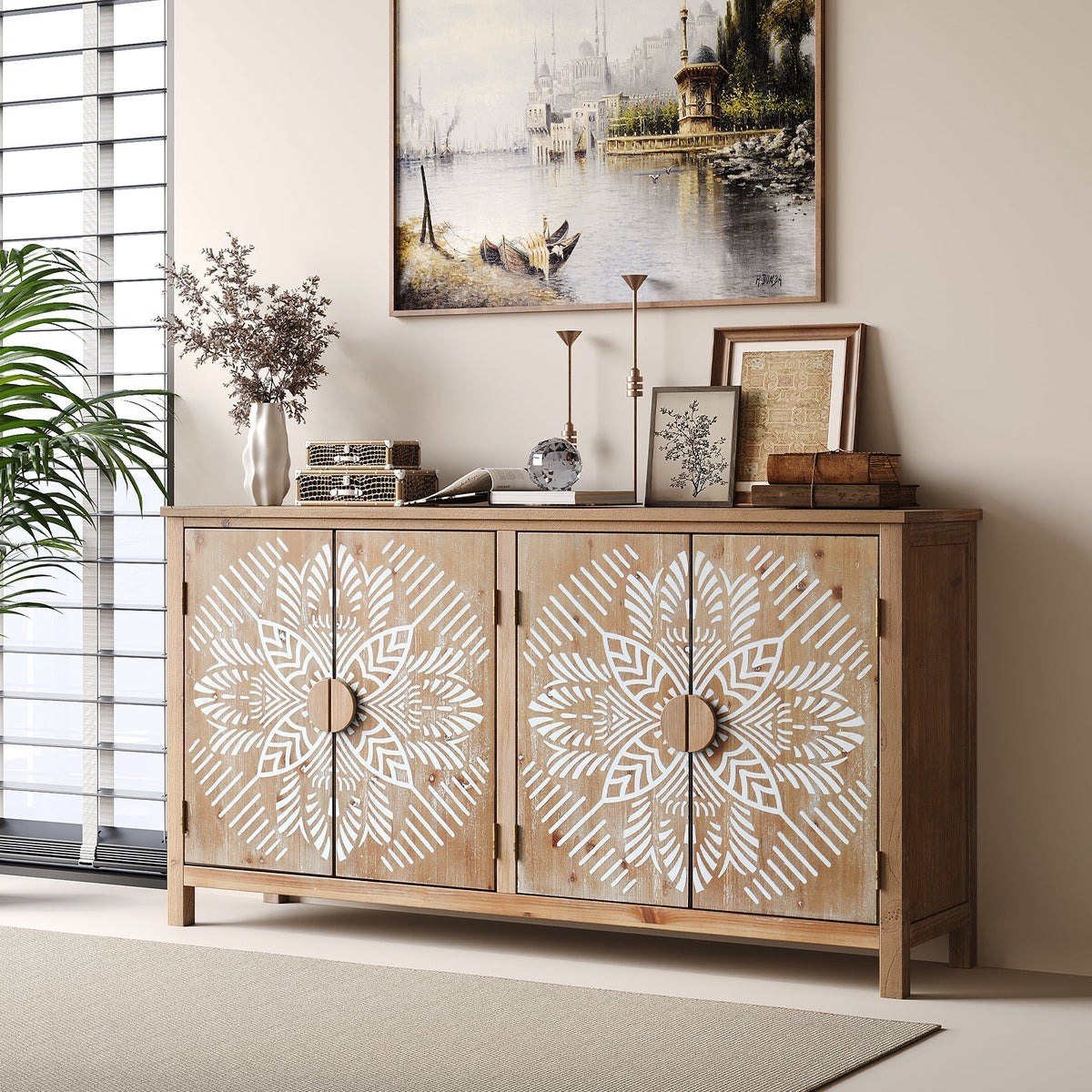 60" Wood Accent Cabinet with 4 Doors - Antique Brown and White