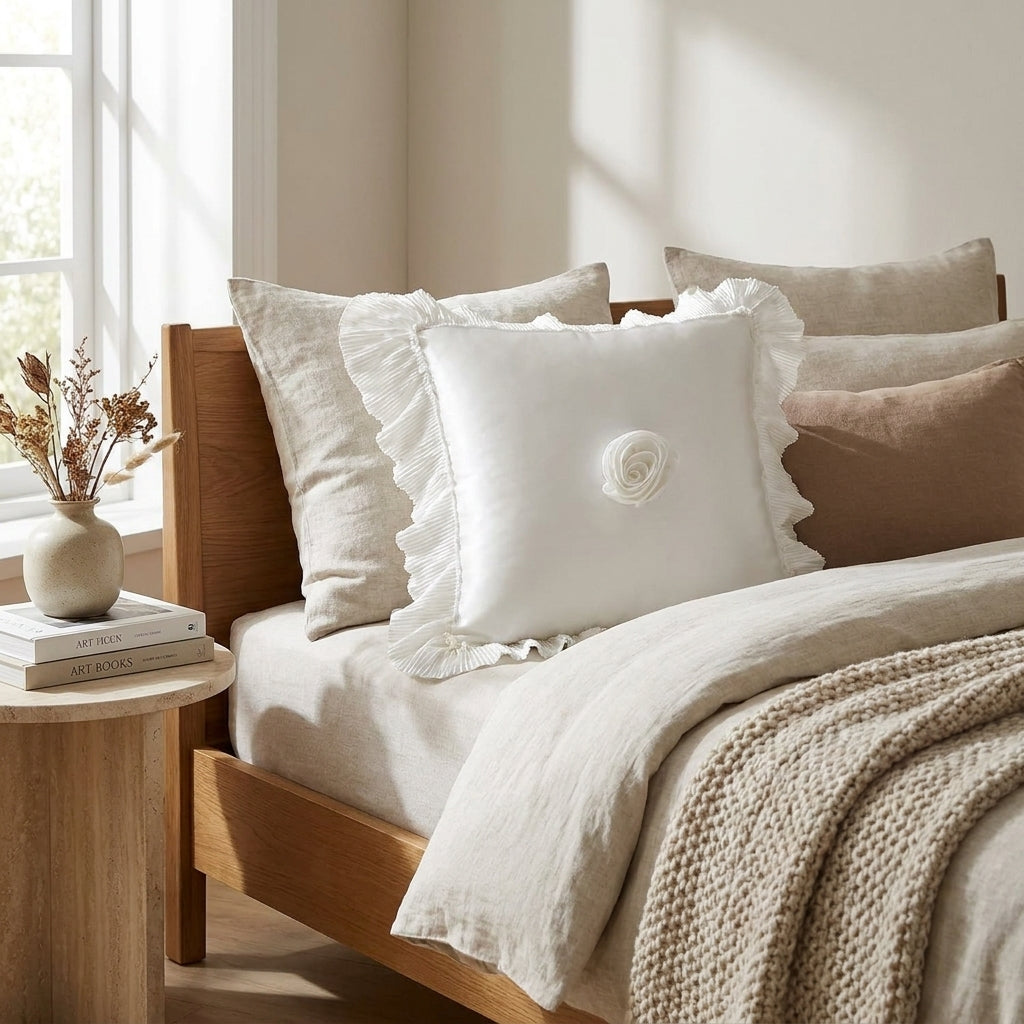 Pearl White Polyester Satin Ruffle Euro Sham