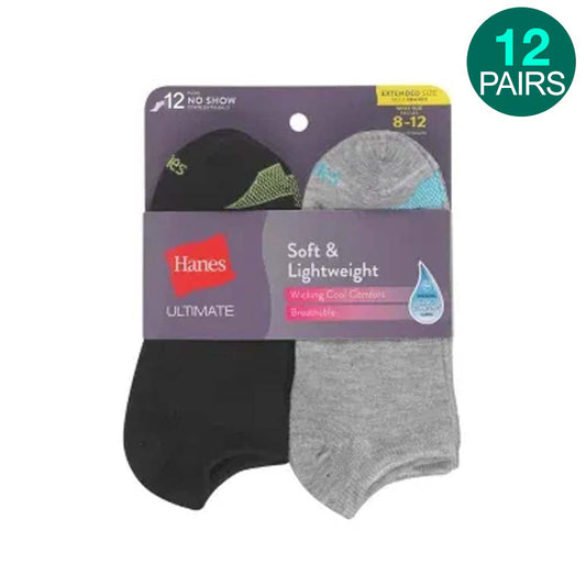 12-Pack Hanes Soft No Show Socks - Black/Grey