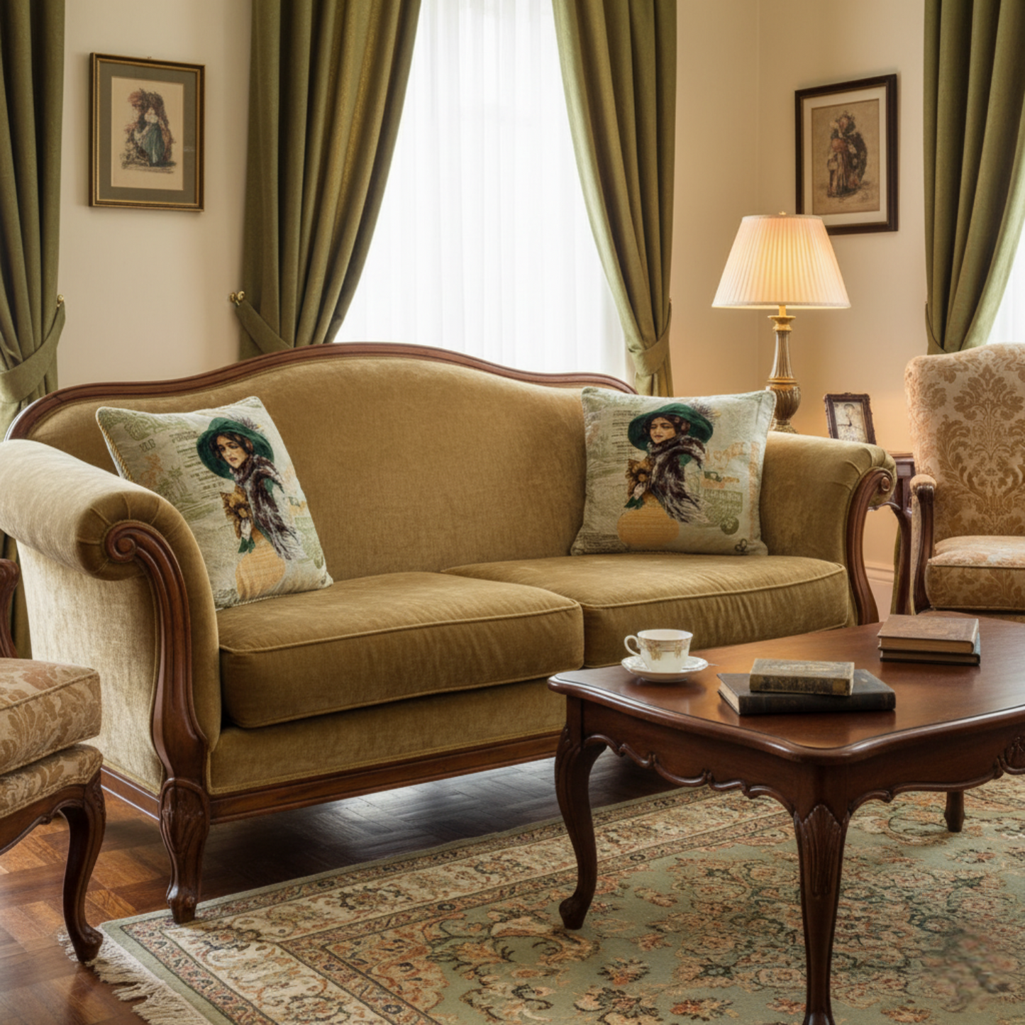 Tache Puppy Day Out French European Postcard Emerald Green Beige Tapestry Throw Pillow Cover (CC-1354)