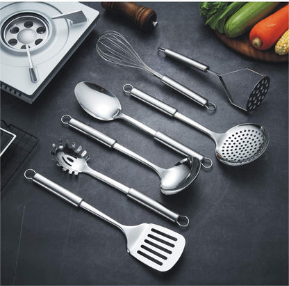 Cooking Utensil Set 8 Piece, Stainless Steel Kitchen Tool Set with Stand,Cooking Utensils, Slotted Tuner, Ladle, Skimmer, Serving Spoon, Pasta Server,Potato Maseher, Egg Whisk. （8 Pieces）