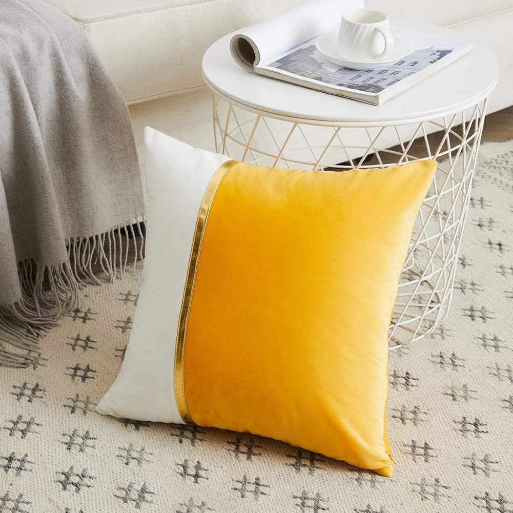 2 Packs Yellow Decorative Throw Pillow Covers 18X18 Inch for Living Room Couch Bed, Yellow and White Velvet Patchwork with Gold Leather, Luxury Modern Accent Square Cushion Case 45X45 Cm