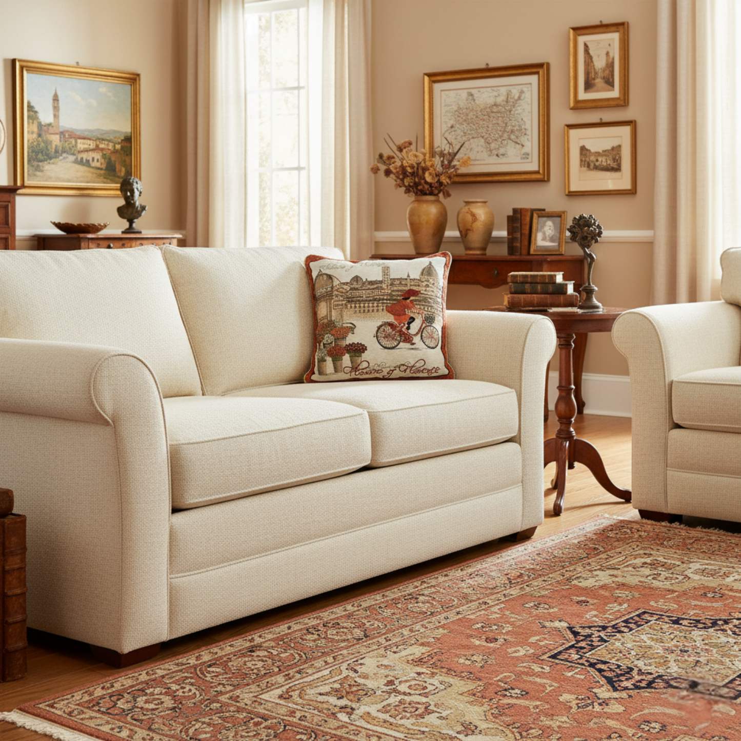 Tache Flowers of Florence Italy Skyline European Postcard Woven Tapestry Throw Pillow Cover (14003)