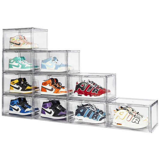Shoe Storage - 10 Pack Plastic Shoe Storage Boxes - Clear Shoe Storage Boxes Stackable - Magnetic Side Opening Shoe Storage Organizer - Space-Saving Stackable Shoe Boxes - Clear