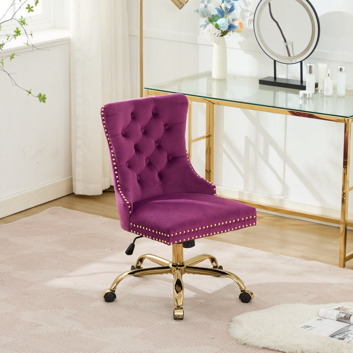 Purple Modern Velvet Upholstered Office Chair with Tufted Buttons - Golden Accents