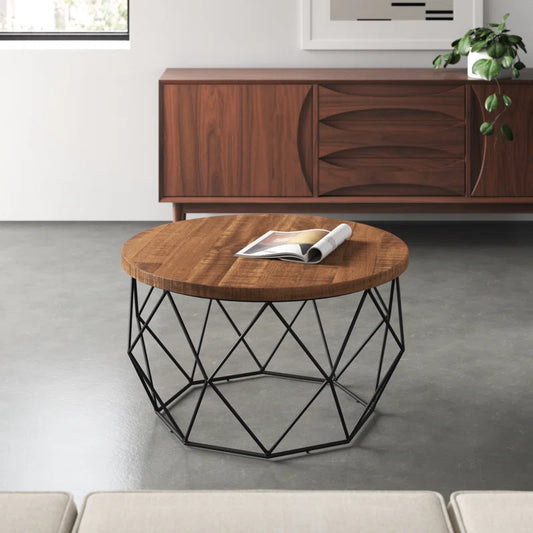 Lupi Premium Solid Wood Coffee Table – 32” Round Mango Wood with Iron Frame | Scandinavian & Industrial Style Accent Table for Modern Living Rooms