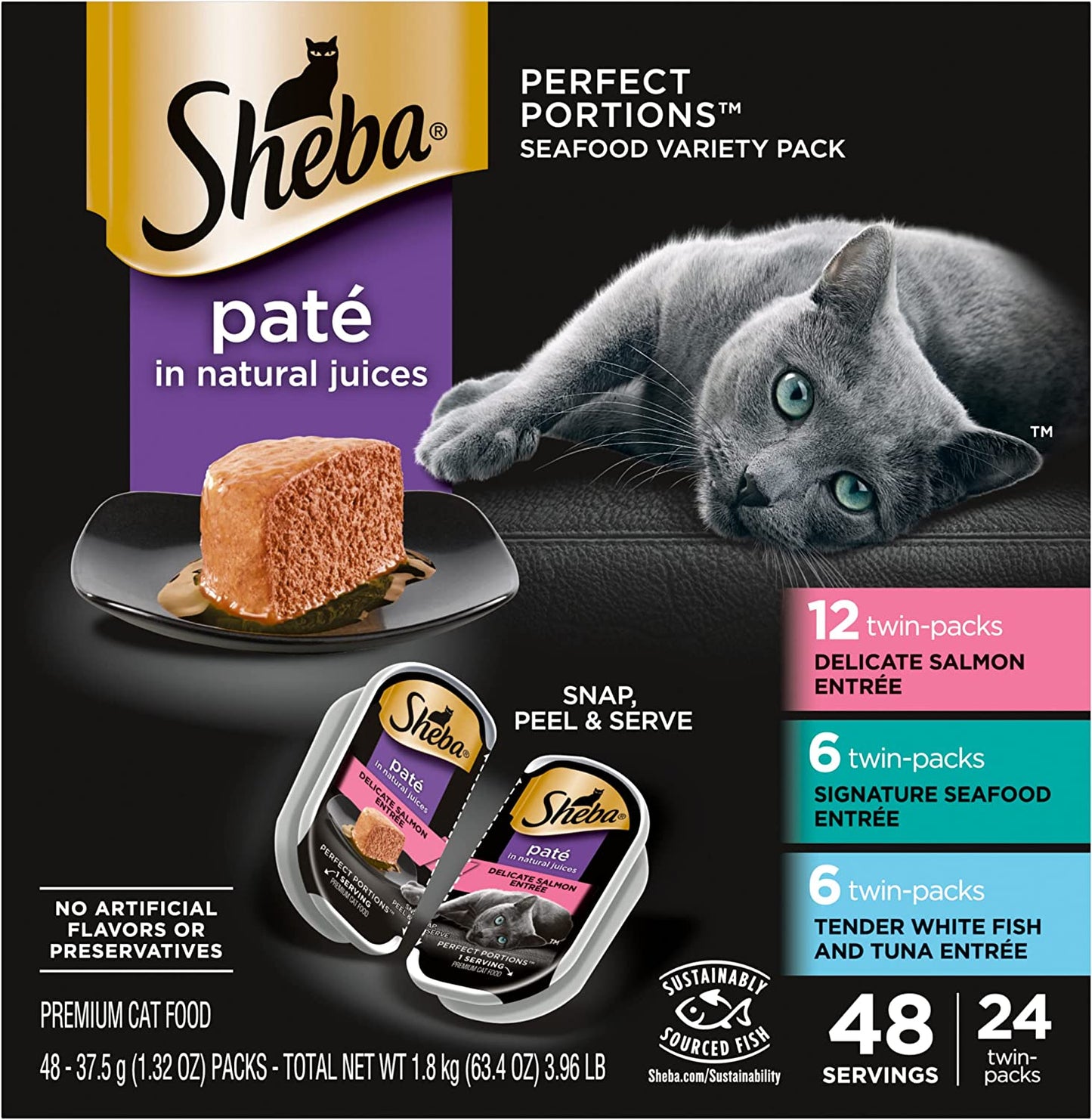PERFECT PORTIONS Paté Adult Wet Cat Food Trays (24 Count, 48 Servings), Signature Seafood Entrée, Easy Peel Twin-Pack Trays