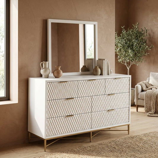 White Pearl 7-Drawer Dresser and Mirror Set with Gold Base